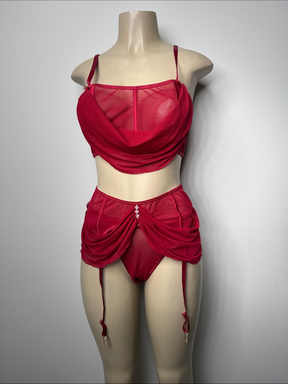 Sheer Red Draped Mesh Bralette & Garter Skirt Set